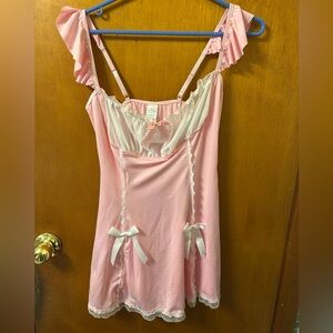 Fitted Pink Lace Trim Dress With Bows Coquette Style Mesh White